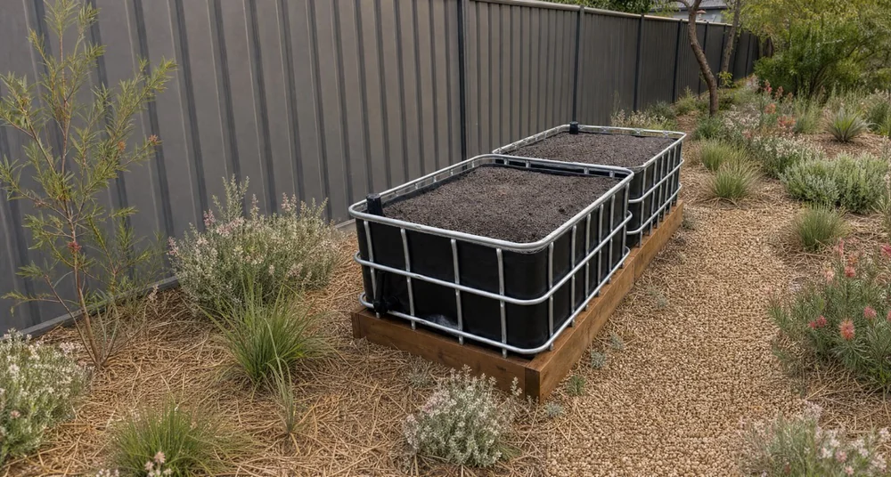 The finished result: a black-clad IBC wicking bed on a timber base, filled with soil, sitting in a landscaped garden