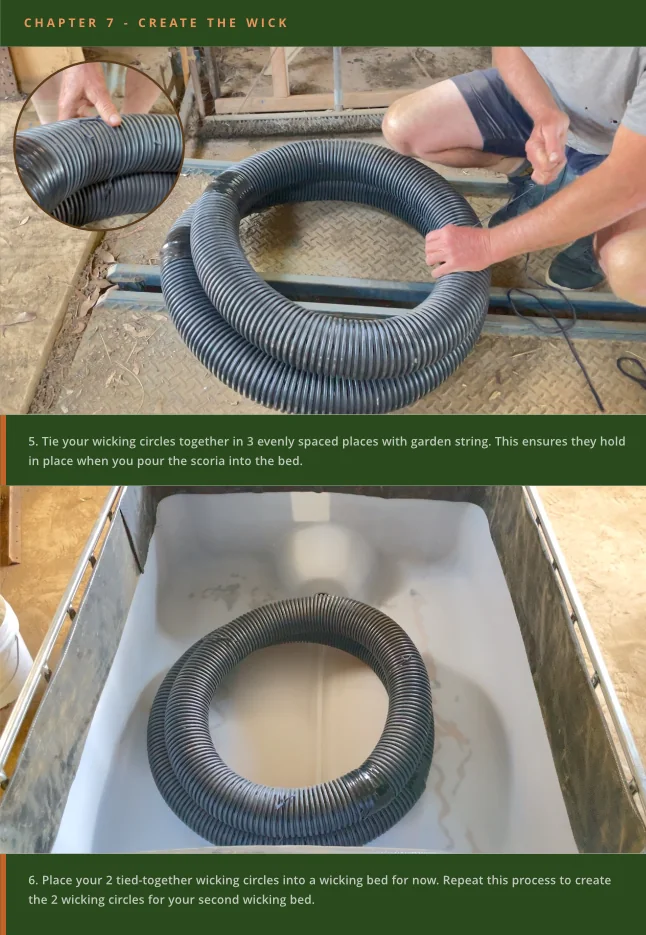 Sample page from Chapter 7, Create the Wick: photos of the corrugated pipe coiled into rings and lowered into the bottom of a bed