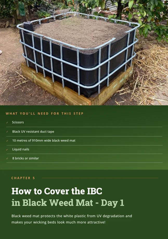 Sample page opening Chapter 5, covering the IBC in black weed mat, with a photo of a finished soil-filled bed and the tools needed for the step