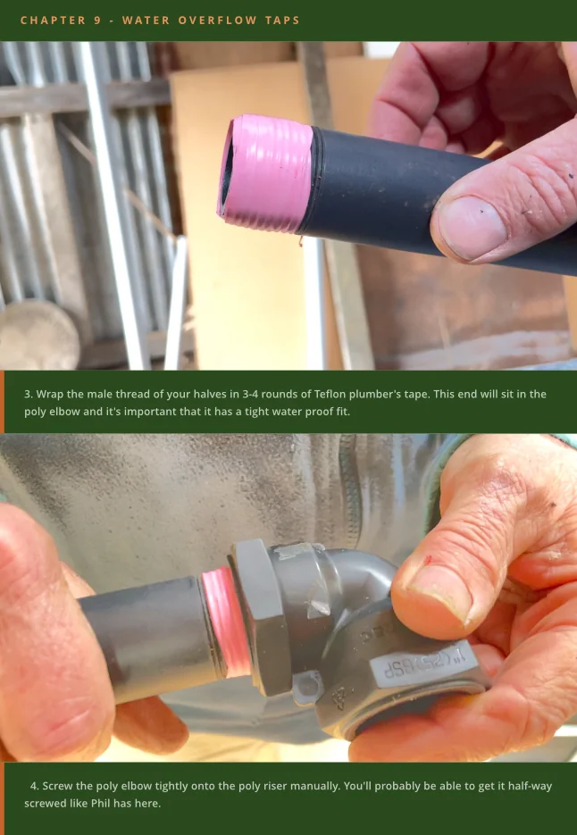 Sample page from Chapter 9, Water Overflow Taps: close-up photos of Teflon tape being wrapped on a thread and a poly elbow being screwed on