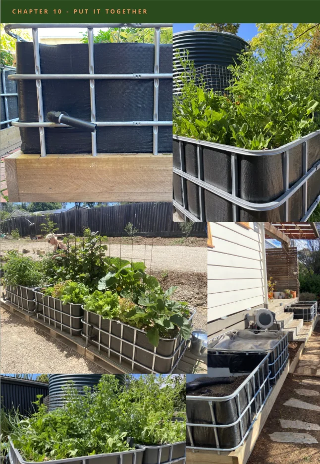 Sample page from Chapter 10, Put It Together: a grid of finished wicking beds in different gardens, planted and growing