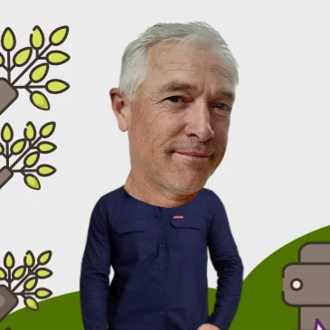 Phil Timms of Farmer Phil Seedlings & Wicking Beds, against an illustrated garden background